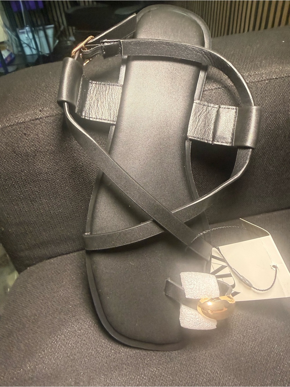 Zara Black Women’s Strappy Flat Sandals with Gold Accent